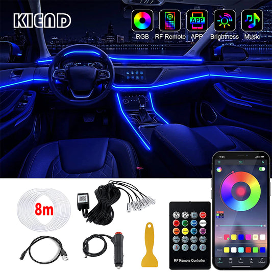 RGB LED Car Interior Ambient Strip Lights with Fiber Optic Technology and Remote Control - Auto Decorative Lighting Kit